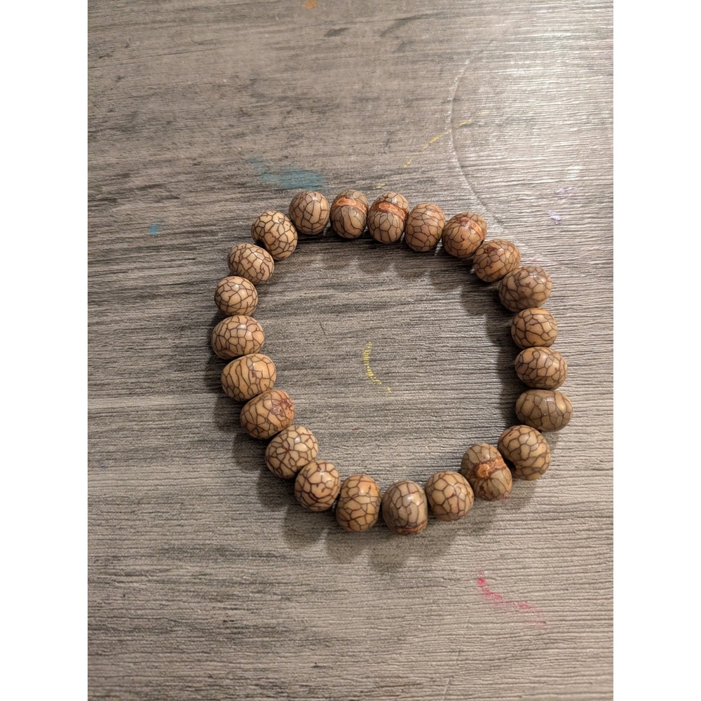 Natural Wood Bead Stretch Bracelet Brown Tan Cracked Pattern Boho Spiritual